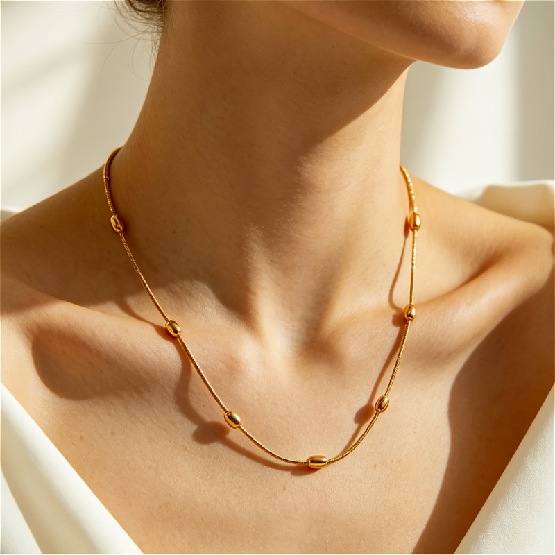 Exquisite Women's 316L Stainless Steel Oval Fixed Bead Necklace